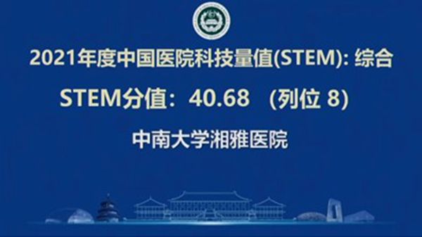 中南大学湘雅医院2021年度中国医院科技量值排名全国第八